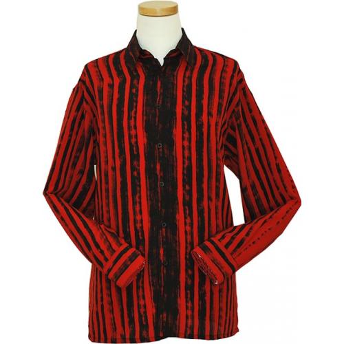 Bassiri Red / Black Striped Micro Fiber Long Sleeves Shirt #4793